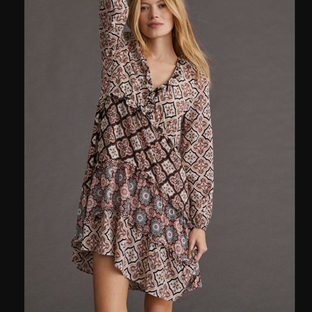 Anthropologie Tiered V-Neck Mini Dress, Size M